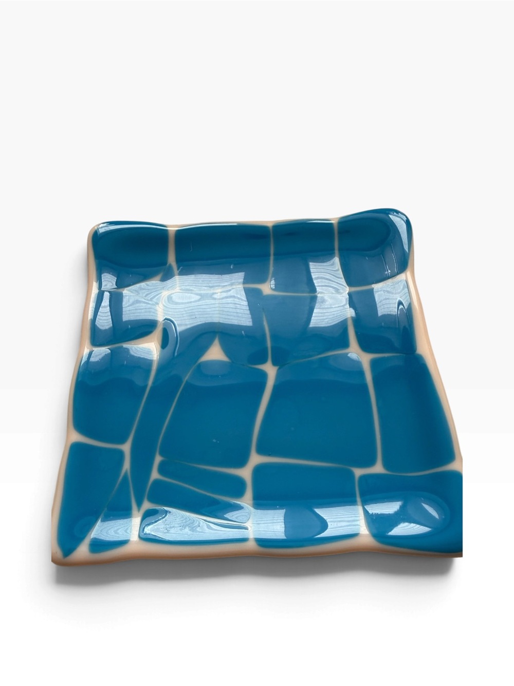 Handcrafted art glass trinket dish in blue cream tile look